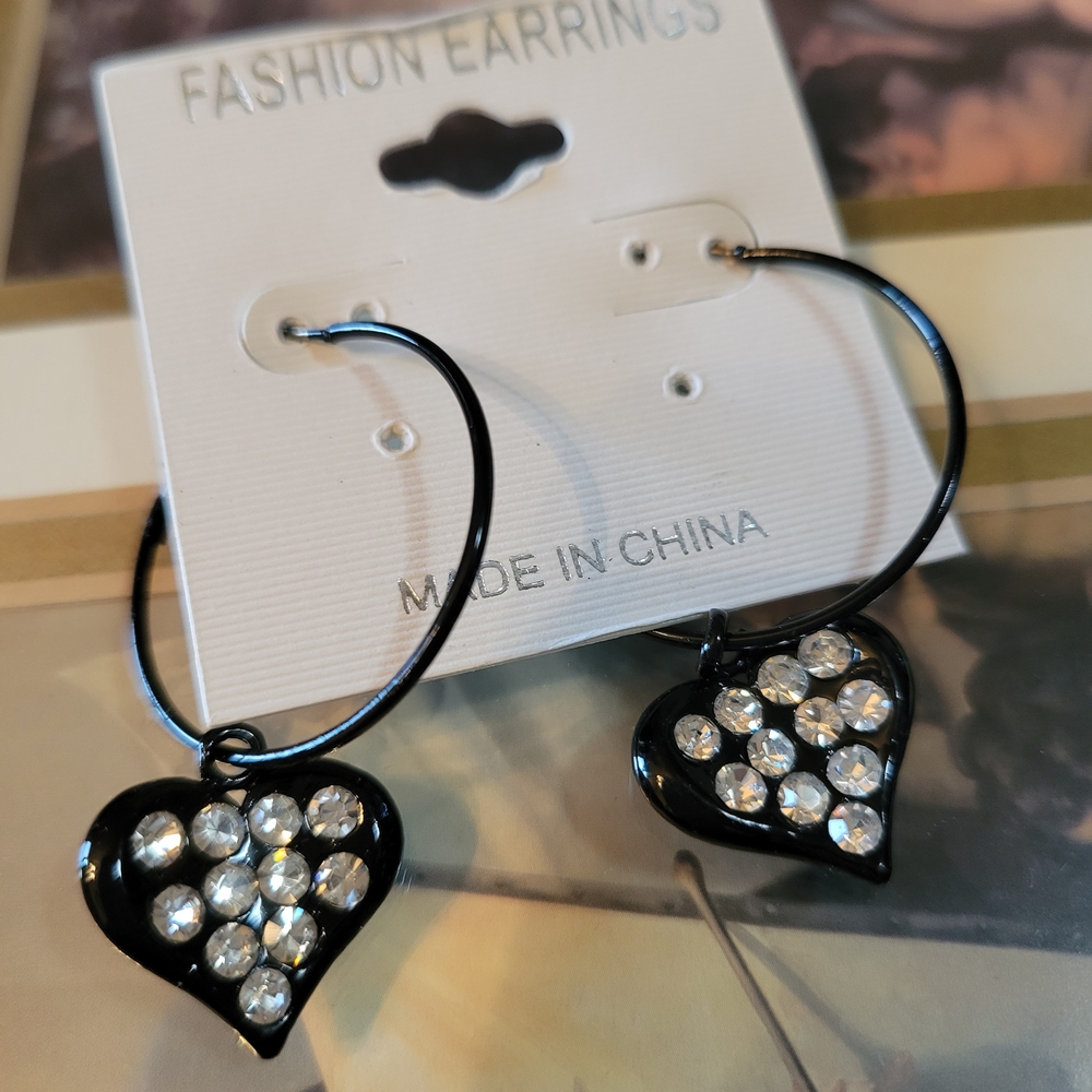 Black Heart Crystal Hoop Earrings